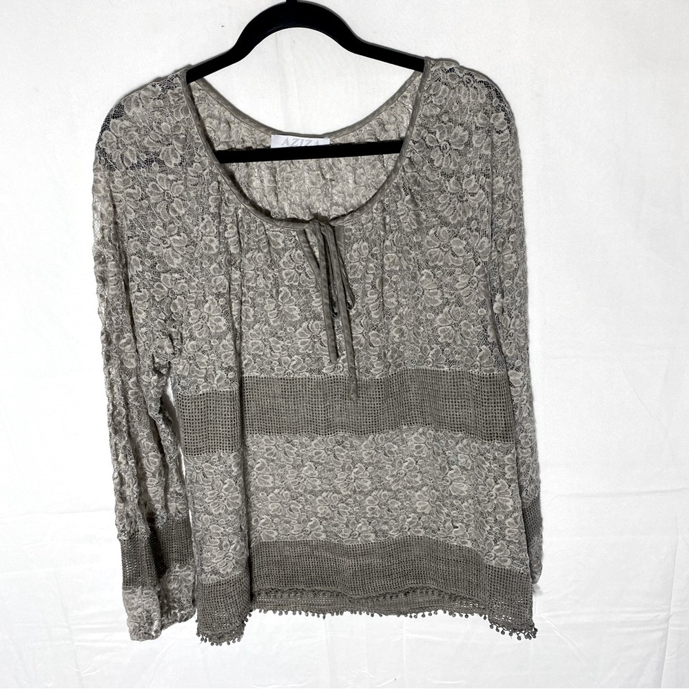 Aziza Taupe Semi Sheer Long Sleeve Lace Boho Blouse XL Fairy Grunge Whimsygoth